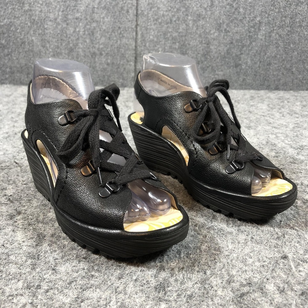 FLY London Sandals Womens Size‎ 6-6.5 Black Leather Lace Up Wedge Comfort Shoes